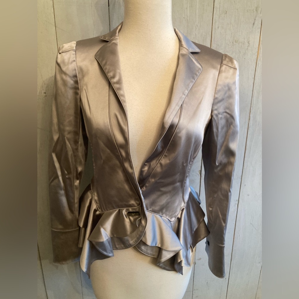 Zac Posen‎ Women’s Grey Silk Satin Peplum Ruffle Blazer Jacket Sz-4 Retail-795$